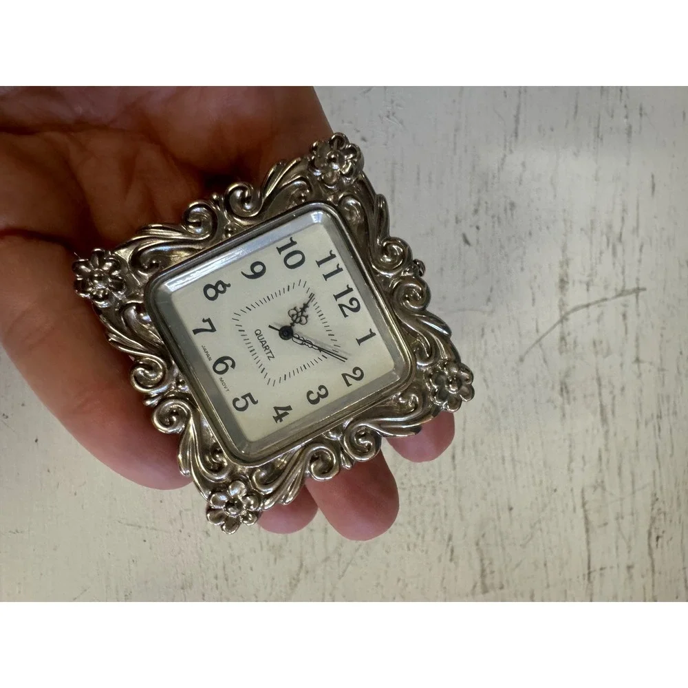 Vintage Silver Tone Ornate Miniature Desk Clock Japan Quartz Movement Travel Siz